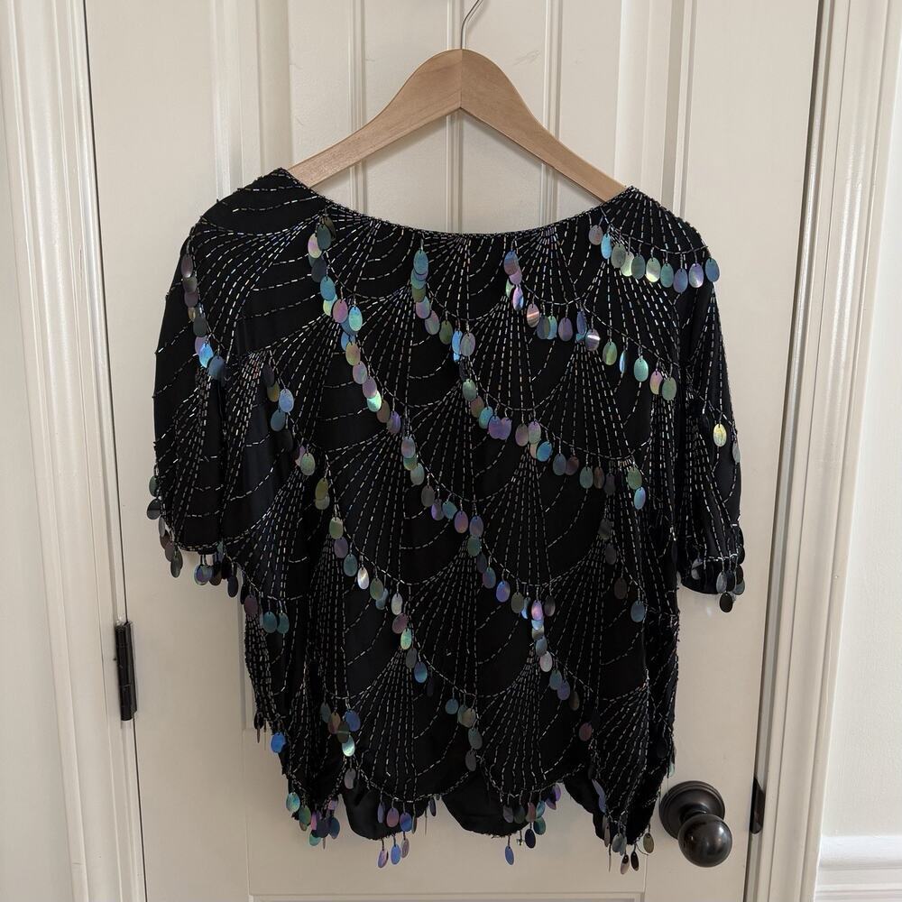 Vintage Shomax 100% Silk Irridescent Beaded Sequin Party Top Women’s Size Medium